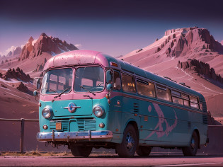 A bus embarks on a journey toward the west, its windshield illuminated by a vibrant shade of pink. The soft glow of pink light dances across the surfaces of the metal exterior, casting a gentle rosy hue. As the bus rolls on, the pink light playfully caresses the dented side of a weathered blue vehicle parked nearby, its enamel worn and bearing the marks of time and travel.

The scene is alive with contrasting textures and colors � the sleek metallic body of the bus juxtaposed with the chipped and battered blue vehicle. The clash between the smooth and the rugged, the new and the aged, adds an intriguing visual dimension to the moment.

The journey itself seems almost dreamlike, the pink light creating an ethereal aura that wraps around the bus like a shimmering veil. The windshield acts as a canvas, capturing the transient beauty of the fleeting pink glow, a fleeting yet mesmerizing dance between light and metal.

The bus's passage through the landscape paints an ephemeral picture, a vivid portrayal of movement and color against the backdrop of a changing world. The contrast between the modernity of the bus and the nostalgia carried by the dented blue vehicle creates a timeless tableau, evoking a sense of nostalgia and reflection on the passage of time.

As the bus continues its westward journey, the pink light and the glinting metal weave a poetic narrative, an interplay of transient beauty and enduring strength that captivates the observer's imagination.