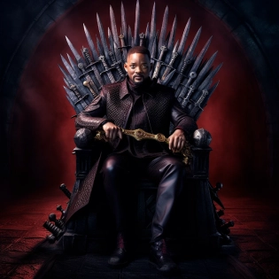 the Fresh Prince of Kings Landing, will smith wearing a tilted crown and sitting in a throne of swords from Game of Thrones tv show, dramatic cinematic lighting, Game of Thrones and Fresh Prince of Bel Air mashup tv still, --q 2 --v 5