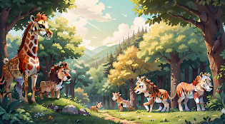 the woods?There are giraffes in the meadow?the Lion?rhinoceros?Vista sky