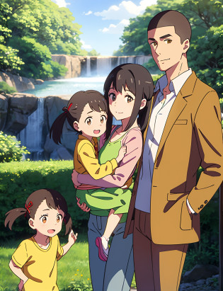 shinkai makoto, kimi no na wa., family of four,1boy, buzzcut, brown jacket, open clothes, white shir, grey pants, dad, 1girl, bangs, Brown eyes, waterfall braid, red ribbon, long hair, light pink cardigan, open clothes, yellow shirt, orange pants, carrying child, mother, busband and wife, 2 childs, daughter and son, 1girl, child, small height, bangs, brown hair, pigtails, red ribbon, open mouth, smile, looking at viewer, shorts, shirt, jacket, 1boy, child, small height, buzzcut, brown eyes, close mouth, yellow jacket, green pants, family, family photo, altogether, family of four, family pic,cute,adorable
