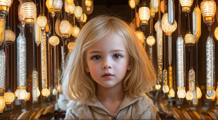 there is a GIRL CHILD 12 YEARS BLONDE CABEL SMOOTH BIG, PORTRAIT, WITH FUR COAT, a closeup of a lot of lamps hanging from a ceiling, nostalgic lighting, lamps, retro lights, some lamps, vibrant lighting, vibrant lights, various lighting climate, commercial lighting, industrial lighting, technological lights, creative lighting, lots of bright lights, cold hot lighting,  bright lamps, glass lamps, bright electric orange lights, warm lighting, nixie tubes