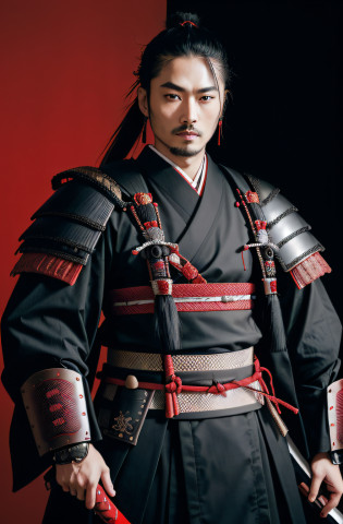 Dressed in black and red?Arad man holding a sword, clothed in old samurai uniform, Samurai clothes, portrait of a samurai warrior, samurai warrior, samurai portrait photo, as samurai, dressed in samurai armour, samurai portrait, samurai portrait, Samurai of Japan, portrait of a cyberpunk samurai, Samurai style, Samurai of Japan