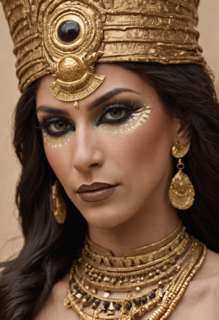 Isis: Main goddess of the Egyptian pantheon dressed in gold and golden makeup, in the style of Egyptian gods, coberto de joias de luxo, joias, luxo, Branco escuro e bronze escuro, joias de pintores e escultores, Detalhes altos, Realistic, Detalhamento ultra intrincado, 8k, Cinematic lighting, cinemactic. Image with at least 300dpi resolution