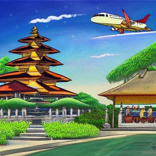 bali airport with plane flying above, drawed in ghibli or your name anime style, very detailed landscape