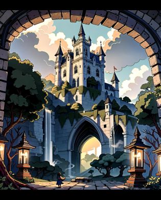 ((masterpiece), best quality, high quality, professional quality , highly detailed, highres, perfect lighting, natural lighting), obsidian quadrangular castle, wood oriel windows, dragon, chimera, a towering waterfall hidden in the jungle, Leonardo da Vinci