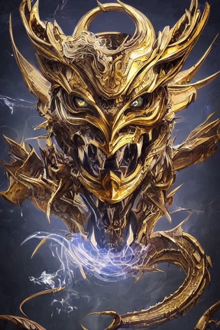 high-resolution digital art, robot of the mythical dragon, angry face, gold and black metal body, illustration design, fantasy -- ar 9:16