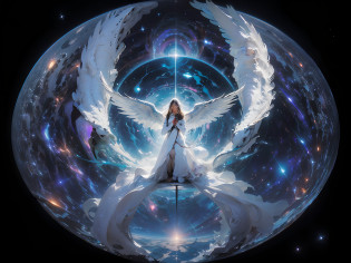 fish-eye lens, cosmic background, Countless twinkling galaxies and stars, Convoluted, Ultra-realistic full-length shot of an angel praying for viewers in the center of a circle, The microcosm revolves around angels, face to the viewer, Offer mercy, Comfort and love, stunningly beautiful face, The majestic twin wings of an angel growing from the back of an angel, Ultra-realistic and ultra-detailed real wings, Beautiful snow-white robes and translucent darkness, Long Blonde Hair, Hair and stars mix, Fantastic and sacred (1:1), ultra-detailliert, A hyper-realistic, Countless small lights twinkle?Blend into the darkness, ultra intricate, New splash art never seen before in space, Captivate your audience?Give your audience a direction to go forward, What's next?. It is a masterpiece that will continue to win many awards in the future...