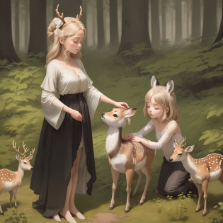 In the birch forest, there is a beautiful sika deer. Its antlers rose high, its body was covered with snow-white fluff, and its plump body shone with golden light in the sunlight. The little girl ran over excitedly when she saw the sika deer. She gently stretched out her hand and caressed the deer's fur, while the deer closed his eyes tolerantly, enjoying the caress of the little girl. The trees in the birch forest are tall and straight, with straight trunks and lush branches and leaves. The sunlight passed through the gaps in the leaves, casting dappled light on the sika deer and the little girl. In a quiet environment, the little girl and the deer lean on each other and accompany each other. The birds in the distance sang leisurely, as if singing for them. This is an extremely beautiful picture, which makes people intoxicated. The friendship between the sika deer and the little girl brought us warmth and emotion. The picture seems to span the edge of time, depicting a world of eternal harmony.