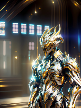 (Masterpiece: 1.2), Best Quality, High Resolution, Unified 8k Wallpaper, (Illustration: 1.0), Beautiful Detailed, Very Detailed, Perfect Lighting, Very Detailed CG, Locomotive, Glowing Eyes, Backlight, Armor, False Horn, Glow, Full Armor, Warframe, humanoid_robot, Horn, Helmet, Mask, sample_background, Looking at the Audience, Solo, Perspective,