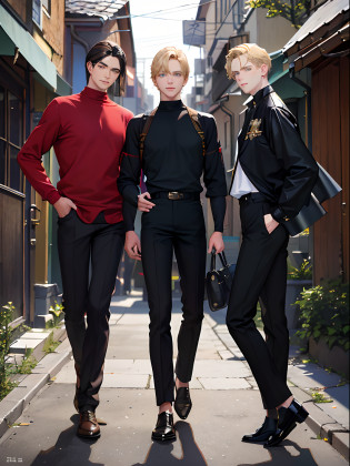 18 year old boys (absurdres, highres, ultra detailed), masterpiece, best quality, 3 man, handsome, black hair, brown hair, casual clothes, background is back alley, best light and shadow, trio friends, 1 black hair man ((sleek hair)), 1 brown hair man ((undercut hair)), 1 blond man ((stylish hair)), tall handsome man, hogwarts vibe, 3 friends, trio friends pose, charming men, (absurdres, highres, ultra detailed, HDR), masterpiece, best quality, anime, Anime cool ((Tall boy)) green eyes, 3rd boy blond hair ((Tall boy)) ((blond hair)) , 3 boys, smile, sunshine, garden, handsome, short hair, looking at viewer, detailed face, ( black shirt ),(red shirt) cool boys, cold male, 8K, Best Quality, Masterpiece, Ultra High Resolution, (Realism: 1.4), Original Photo, (Realistic Skin Texture: 1.3), (Film Grain: 1.3), (Selfie Angle), best friend,Friendship, Trio friends, tall boys, black hair, brown hair,blonde hair tall masculine friends.