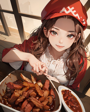 (Spicy strips,delicacies,Delicious and unique,Good mood,1 teenage girl),(plain face,(brunette color hair:1.2+redheadwear:1.2),Beautiful light and shadow,Smooth and natural,Beautiful,High Picture Quality:1.1)