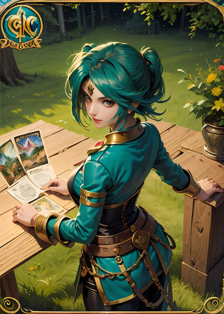a highly detailed, Trading card game card, yugioh TCG, magic the gathering TCG, TCG, Card Design, Card Layout, ornaments card, TCG ornaments, epic card layout, mitology, D&D, Dungeons & Dragons, Epic, leaves ornaments,green forest, green tones.