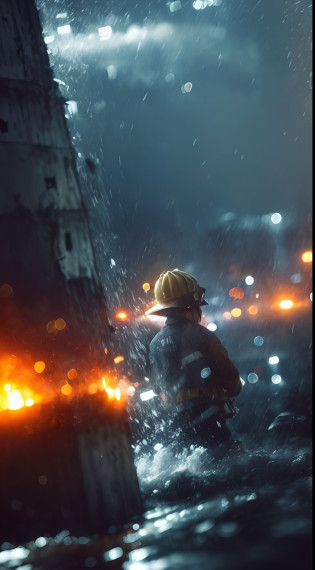 (Fearful:1.3) A firefighter, hardhat?life raft?From behind, In the ruins,floods?downpours?save?save? Bokeh, Light particles, monochrome, Highly detailed painting,(dark hues:1.3),(Close portrait:1.3),thematic background