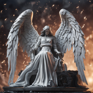 a close up of a statue of an angel with wings, the angel of death, angel of death, unreal engine render + a goddess, villainess has black angel wings, the angel of death with a halo, angel in plastic armor, flowing white robes, portrait of the angel of death, angel knight gothic girl, full - body majestic angel, angel protecting woman, cover art, grasp on to life, hanging on to life, album art for a song with the title Grasp on to Life