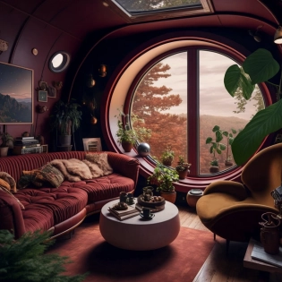 This cozy living room on a space ship features a large, oval-shaped window that offers a stunning view of the earth below. The furniture is warm and inviting, with a plush sofa and armchair upholstered in a rich, burgundy fabric. A wooden coffee table sits at the center of the room, and a few potted plants add a touch of greenery. A cozy fireplace, complete with a faux stone mantel and a flickering LED flame, adds a touch of warmth and comfort. A few framed photos of the earth and the stars hang on the walls, adding a personal touch