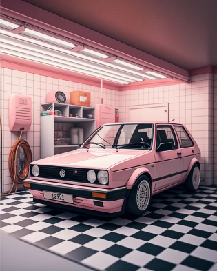 All white tile room, pink Volkswagen Golf Mk2 GTI, perfect pink, bright lighting, pastel colors, insanely detailed, fine details, 8k, ultra realistic, commercial photography, professional color grading, --ar 4:5
