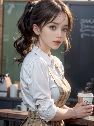 (Masterpiece: 1.3), (8k, Photorealistic, RAW Photo, Best Quality: 1.4), (1girl), Shallow depth of field, Face in focus, Soft Focus, Beautiful Face, (Backlight: 1.5), (Ambient: 1.3), (Realistic Face), (Black Hair, Medium Short: 1.3), Loose Wavy Hair, Short Bangs, Ponytail, Realistic eyes, dark brown eyes, highlights in pupils, beautiful detail eyes, (plenty of natural light), (realistic skin), beautiful skin, (blouse with white collar), (apron), (carrying a small coffee cup in a big trench), absurd, attractive, ultra high resolution, ultra realistic, high definition, golden ratio, detailed dining caf� background, specialty coffee, coffee roastery, Blackboard menu, commercial espresso machine, backlit from back window, pale skylight with natural light, natural light lighting diagonally in front of face, perfect anatomy