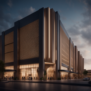 exterior shot of modern strip shopping centre inspired by Arabic architecture, perforated facade, high details, frontal perspective, moody lighting, real, high resolution photography, 8kexterior shot of modern strip shopping centre inspired by Arabic architecture, perforated facade, high details, frontal perspective, moody lighting, real, high resolution photography, 8k Cinematic