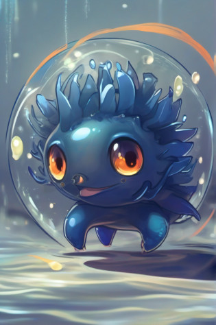 A creature imagined by a child living in water?It's like a mixture of jellyfish and hedgehogs?The whole body is transparent dark blue?Two eyes of flame?cartoonish style?k hd?Pok�mon