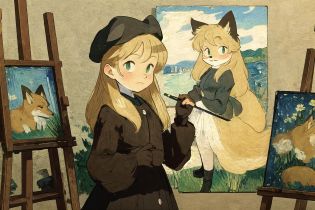 by Van Gogh, by Edgar Degas, <lora:LUCT_Lora:0.3>, <lora:Averiv0.1:0.8>, averi, fox girl, canvas, easel, paint, beret