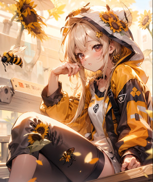 anime girl sitting on a bench with a bee flying around her, kawacy, (bee), trending on artstation pixiv, best anime 4k konachan wallpaper, insect trainer girl, anime style 4 k, human structure bee concept art, cyberpunk bee, beautiful sunflower anime girl, anime art wallpaper 4 k, anime art wallpaper 4k