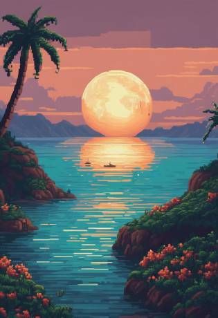 Pixel art of giant moon rising over calm sea, beautiful detailed pixel art, detailed pixel art, Lo-fidel retro video games, Concept Pixel Art, detailed pixel artwork, Pixel art style, pixel town, Pixel Art Animation, High-quality pixel art, Dolphins jump off the surface of the sea, super detailed color lowpoly art, #pixel art:3, # pixel art, #pixel art