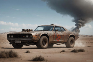 Create a cinematic, filmic image 4k, 8k with [George Miller's Mad Max style]. The image should be captured in a [wide-angle view] and depict [single] a [post-apocalyptic]  V8 [muscle car]. The car's paint is a [black] covered in a spots of [rust] and thin layer of smooth [dust] and [dirt], making it appear [rugged] and [gritty] but with visible [black color]
The car's body should be [sleek] and [aerodynamic], giving it a [low] and [aggressive] stance that conveys [power] and [speed]. The front of the car should feature a [distinctive] front nose cone with [rectangular lights] that adds to its [intimidating] appearance. The car's wheels should be [large] and [sturdy], with [thick] tires that can handle the [rough] terrain of the [post-apocalyptic] wasteland. The rims should be made of [durable] metal with a [unique design] that showcases the car's [individuality].
In addition, the car should have [eight exhaust side pipes]. The car should also feature a Weiand 6-71 [supercharger] mounted on the hood, protruding through the bonnet.
Car should be designed to look both [powerful] and [functional], built to withstand the [harsh] conditions of the [post-apocalyptic] wasteland.
The image should be [ultra-realistic], with [high-resolution] captured in [natural light]. The lighting should create [soft shadows] and showcase the [raw] and [vibrant colors] of the car. The image should be a highly-detailed photography set in a [post-nuclear], [fallout] like setting, conveying a sense of [danger] and [grittiness]. The final image should be a [masterpiece], with a [realistic portrayal] of the Interceptor that is both [intimidating] and [awe-inspiring]. Background should contain [empty desert highway], image takes place before the storm, with the [hot summer sun] still shining brightly in the sky, but in the distance, the sky is a [dark and foreboding shade of blue], hinting at an impending storm