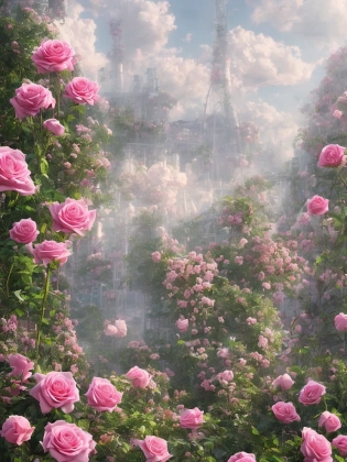 << Garden factory, Tall factory, Many pink rose, A few roses, clouds, ultra wide shot, atmospheric, hyper realistic, 8k, epic composition, cinematic, octane render, artstation landscape vista photography by Carr Clifton