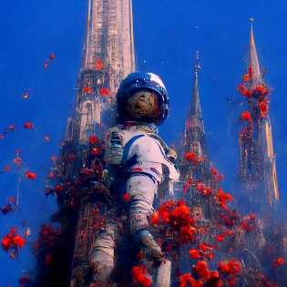 astronaut looking up at a neobrutalist evil space cathedral, dominated by central evil red spire, neoclassical cyberpunk building, depth atmosphere, dust, highly detailed buildings, art nouveau cathedral, highly detailed buildings, dead nature, dying flowers and trees by Jean-Honor� Fragonard, 8k resolution, hyper realistic, 4k cobalt blue cinematic blade runner, eerie, dark lighting :: --w 2000 --h 2000