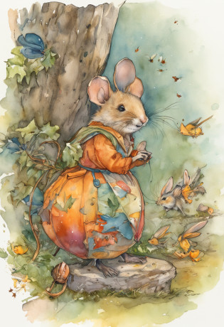 comi? style, painted in vivid watercolor, Bipedal mouse, ropa linda, ojos verdes, naranja, azul. amarillo, extremadamente detallado, Altamente detallado, obra maestra, Fondo de cuento de hadas, wonderland, Dynamic colors, Luz de cuento de hadas, por beatrix potter y Jean-Baptiste Monge, 32K UHD