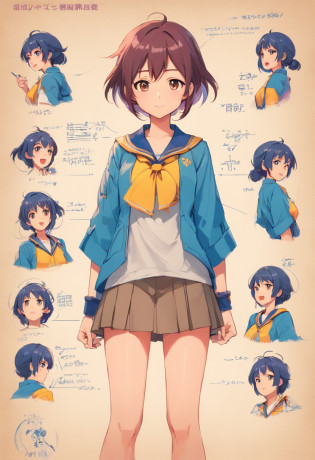 (reference sheet:1.0), (infographics:1.15), (blueprint:1.25), (pencil drawing:1.25), (Rough sketch: 1.25), (aquarelle: 0.8), 1girll, (Various facial expressions, Emotions:1.1), (a variety of poses, dynamicposes:1.1), Upper body, (Cowboy shot:1.2), (full bodyesbian:1.3)

(1girll, Solo:1.5),18yr old ,kawaii, Casual, Skirt,
