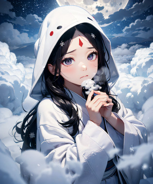masterpiece, illusion, ghost of a girl, white costume, (((death costume)), (sutra mail), (triangular hood on forehead), (kimono)), monochrome, (snowy forest), (dream: 1.2), scary dream, ((thick fog: 1.8)), ((thick fog so thick that it becomes difficult to see)), dry ice, ((coming out of thick fog: 1.8)), (image born from thick fog: 1.8)))), (fog dissipation: 1.5), (snow storm: 1.5) , In the deep forest, (snowflakes: 1.5), (anger), (sadness), (melancholy), beautiful snow woman, beautiful and beautiful, (sea of clouds)), (((above the clouds)), night, ((moonlight)), long black hair, gloss, snowflakes, snowflake hair ornament, snowflake hair ornament, snow mountain, whole body, black hair in the wind, madness, white sigh, sigh blizzard, feet, feet are hidden by snow smoke, snow smoke