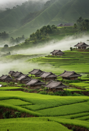 Large expanses of terraced fields, mountains, huts, with rice fields, rice fields, neat rice seedlings in the fields, misty rain, villages, agriculture, in the tranquil landscape, misty weather, in the vast tranquil landscape, in the early morning, in the morning mist, behind a small village, mist, Japanese countryside, thatched roofs --v 6