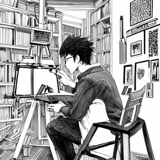 "Highly detailed portrait of a manga illustrator, drawn in their signature style, in 4k resolution. The image should feature the artist at work, surrounded by their tools and materials, with a focus on their unique line work and art style. The image should be rendered in a realistic, detailed manner, with a focus on capturing the artist's individual techniques and aesthetic. The image should also include elements of the artist's studio or workspace, such as bookshelves, art supplies, and reference materials. The image should be of HQ quality, rendered with the Octane renderer in the Unreal Engine and 8k resolution. "