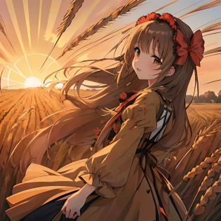 Anime girl in the wheat field where the sun goes down, In the wheat field, In the vast wheat field, Beautiful sunflower anime girl, Anime Girl with Long Hair, Anime visuals of cute girls, Gazing at the Sunset. Anime, official artwork, beautiful anime artwork, anime style 4 k, High resolution in the field, Official art, anime wallaper, beautiful anime art