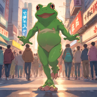 ((Fotogr RAW)), ((tmasterpiece)), Anthropomorphic humanoid frog in streetwear, Walk wildly through the crowd,Traga fones de ouvido?Trends intricate details, Trabalho intrincado de Gribors, Behind the city, corpo musculoso em forma, muscular arms, small head, Ogros assustadores, Titan soft lighting, Ultra foto realsisim, soft-lighting