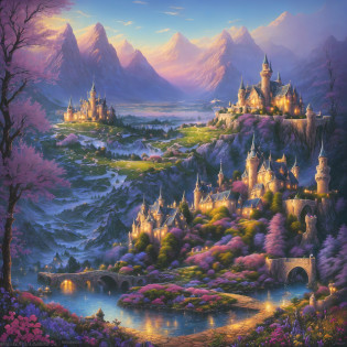 pintura de um castelo em uma paisagem de montanha com um lago, whimsical fantasy landscape art, magical landscape, pintura de paisagem de fantasia, scenery art detailed, scenery artwork, paisagem de arte de fantasia, dream scenery art, fantasy scenic, tomas kinkade, Kilian Eng e Thomas Kinkade, detailed scenery�width 672, paisagem de fantasia, Detailed dreamscape, fantasy painterly style