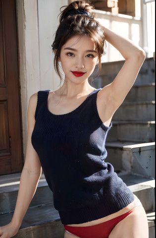((Show underarms?A hyper-realistic?Armpit?Detailed armpit wrinkles?Detailed armpit pores?Realistic armpit skin?Black armpit skin?Black armpits?showing your whole body?Turn your body to the viewer?White small sexy panties?Standing on the stairs outside the apartment?The viewer is watching from the outside?On the stairs outside the apartment?Wearing white sexy panties on the stairs outside the apartment?Semi-sleeveless sweater)), (illustratio), (hight resolution), (8K), (ighly detailed), (The best illustrations), (armpit pose?beatiful detailed eyes), (top-quality), (ultra-detailliert), (?masterpiece), (wall-paper), (????), (A smile?((50-year-old woman,red lipsticks?Show realistic armpits))?Brown hair with a high ponytail?((Woman in dark blue sleeveless sweater and white little sexy panties, japanes,