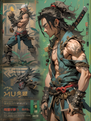 (((mtu))), (((best qualityer))), (((tmasterpiece))), (((AS-Adult))), ((( Japanese ))), Look up from your knees, Handsome Asian samurai?perfect body figure, Modern samurai, ((( Asian))), Wear gloves on your hands?The left arm is made of steel and metal tips?Made of protective devices, The eyes are pulled, (( Appears below the chest )), (( Small dental floss )), Simon Bisley, Almost naked?Simon Bisley?Castle City Wilderness?For high-resolution posters, hair straight, Minimum clothing, armure (Crazy clothes ), Full of tips and rivets, tribal tattoos, (((full bodyesbian))), Straight brunette hair?Colored hair ends