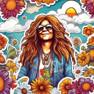 a sticker, artwork of t shirt graphic of janis joplin digital painting style , beautiful flowers, sun and clouds , white background, highly detailed clean, vector image, photorealistic masterpiece, professional photography, realistic, flat white background, isometric, vibrant vector, clipart, illustration, realism, 4k, cinematic, front view,