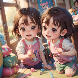?In front of two sisters playing well?Cute toys are gathered?Toys?I was having fun drawing.?I'm drawing portraits of Sakura-chan and Aoi-chan?One toy holds colorful crayons?The other toy uses a brush to draw fine details.?In the background?The whole room is bright and fun.?You can feel the tender feelings of the toys?Sakura-chan and Aoi-chan?Delighted with the gifts of toys?The joy and excitement of the moment you receive that special gift is evident on your face.??
