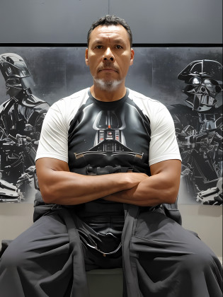guttonervision8, Create a hyper-realistic portrait of a man dressed in Darth Vader's iconic Star Wars outfit, with extraordinary attention to detail in your hair, pele, e olhos castanhos brilhantes. He will be photographed without the helmet, showing the intensity of their facial features. The artwork will also feature an incredibly realistic and immersive Star Wars scene.., incluindo o Millennium Falcon, Asa X, e TIE Lutador.

In this remarkable work, The characteristics of man will be portrayed with unparalleled precision and complexity. will be rendered in a hyper-realistic way, capturing the essence of Darth Vader's appearance.

The quality of the illustration will be of extreme excellence, permitindo que o espectador observe cada detalhe minucioso da textura da pele do homem. The scars and imperfections on your face, junto com a intensidade em seus olhos, will be meticulously portrayed, enhancing the realism of his portrait.

His captivating brown eyes will reflect power and darkness, conveying the essence of Darth Vader's character.

He will be dressed in Darth Vader's iconic black armor and cape.., com cada elemento renderizado realisticamente, giving him an imposing and formidable presence.

The background will transport the viewer to an immersive Star Wars scene, adicionando profundidade e contexto ao retrato.

The final artwork will be an 8K UHD masterpiece, showing the extraordinary level of hyper-realism and photorealism in the portrayal of this imposing figure from the Star Wars universe. Viewers will be impressed by the impressive level of detail and authenticity, as if they were witnessing Darth Vader himself come to life in a modern masterpiece.