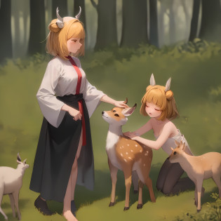 In the birch forest, there is a beautiful sika deer. Its antlers rose high, its body was covered with snow-white fluff, and its plump body shone with golden light in the sunlight. The little girl ran over excitedly when she saw the sika deer. She gently stretched out her hand and caressed the deer's fur, while the deer closed his eyes tolerantly, enjoying the caress of the little girl. The trees in the birch forest are tall and straight, with straight trunks and lush branches and leaves. The sunlight passed through the gaps in the leaves, casting dappled light on the sika deer and the little girl. In a quiet environment, the little girl and the deer lean on each other and accompany each other. The birds in the distance sang leisurely, as if singing for them. This is an extremely beautiful picture, which makes people intoxicated. The friendship between the sika deer and the little girl brought us warmth and emotion. The picture seems to span the edge of time, depicting a world of eternal harmony.