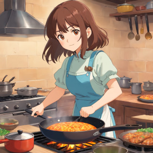 Flat anime style shading, anime woman, Anime-style characters, flat anime style,house wife?Have a frying pan, Brown hair, pinafore, Powerful Pose?kitchin, Powerful anime girl,illustratio?