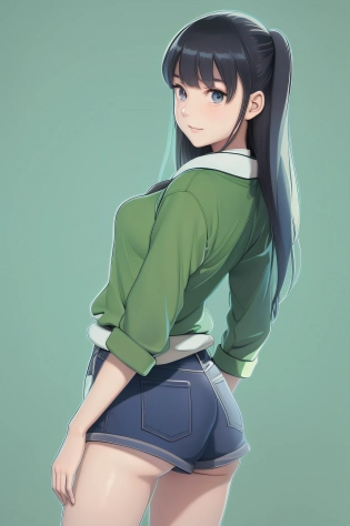 anime girl in green shirt and blue shorts posing for picture, by Kose Kanaoka, anime visual of a cute girl, beautiful anime high school girl, anime best girl, female anime character, attractive anime girl, (anime girl), an anime girl, hinata hyuga, young anime girl, by Ikuo Hirayama, anime girl
