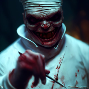 arafed man in a white shirt and a white hat with a knife, cgsociety 9, horror fantasy art, cgsociety ), detailed 4k horror artwork, creepy evil smile, scary smile, horror!! highly detailed, horror smile, zbrush central contest winner, evil grin, zbrush contest winner, hyper realism scary, fantasy horror art, mad grin