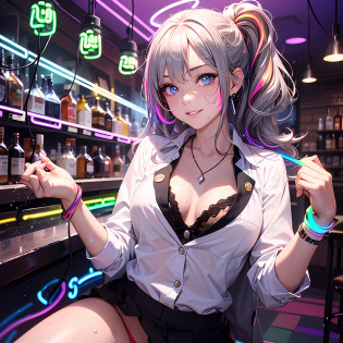 (masutepiece: 1.3), (max resolution: 1.2), (Ultra HDTV: 1.2), spot lite, Ultra HDTV, (Detailed eyes and skin), (detailed facial features), 8K resolution, Sharp Focus: 1.2, Perfect Style, Beautiful Face, accurate, Anatomically correct, Highly detailed face and skin texture, Detailed eyes, Dark-blue eyes, Double eyelids, Thin eyebrows, (dropped eyes:0.65), (Glitter Eyeliner:1.2), Natural cheeks, (Sweaty skin:1.2), (Fair skin:1.2), (Colorful neon bracelet:1.2) ,shiny necklace and earrings, (Glossy lips: 1.4), BREAK, absurderes, One-person viewpoint, (They are Very Cute female bar hostess), (While Wearing a Button up White shirt:1.3), BREAK, (wear a blazer:1.3), BREAK, (pleated super mini skirt of Red:1.2), ((showing a little string panties:1.2)), (high heels), BREAK, (shy smile:1.3), ((18 years old, Very Cute and neat girl:1.3)), (high-ponytail hairstyle, Wavy Hair), (((Silver hair:1.4))), Medium Long Hair, (Cowboy shot: 1.2), Focus on body, medium large breasts, ((Sitting with open legs in front the bar counter:1.4)), ((In the super erotic dance floor at dimly:1.4)), BREAK, ((((Rainbow neon lights:1.4))), (((dimly lit store, black lights))),