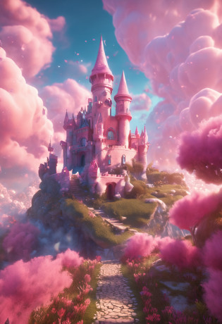 castle on the cloud, multi colors cuttoncandy cloud, in fairyland, dreamy and romantic, dreamy atmosphere and drama, very magical and dreamy, dreamy scenes, heaven pink, on cloud, the sky is pink, Heaven, in the white clouds fairyland, magical dream-like atmosphere, Dreamy and ethereal, still from a music video