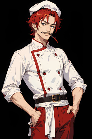closeup view, best quality, 1 male, adult, is 40 years old, has a small mustache, attractive, handsome, anime artstyle, lazy and bored facial expression, is an anime character, has big finely detailed eyes, has shaggy red ruby hair on the side, wears a white elastic chef hat, intricate details, wears a white chef uniform, wears red ruby pants, wears black shoes, wears a chef's belt, anime artstyle, 4k, hands in pockets, black background