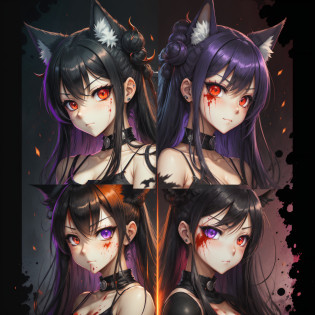 Half orange and half black hair, hair bobbles, longeyelashes, deep eyes, circle eyes, red and purple eyes, fox ears, devil smile, devil eyes, tsundere ear blush, fang, RPG style, manga style  , full body, short clothes, transparent panties, hidden, short body, slim body, athletic body, washboard abs, strong body, blood face, blood in mouth, blood in skin, hurt face, Surrealism, drop shadow, anaglyph, stereogram, tachi-e, pov, atmospheric perspective, anime style, Surrealism, 8k, super detail, ccurate, best quality, best quality, best quality, textured skin, super detail --auto --s2